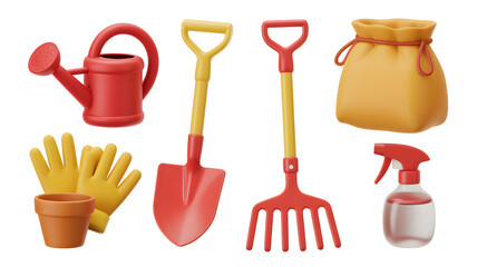 3d rendering of garden tools including watering can shovel rake gloves pot and spray bottle on white background outdoors