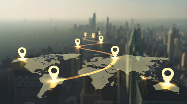 Visualize global expansion with a world map and location pins showing a path to international success, perfect for business, travel, and global communication