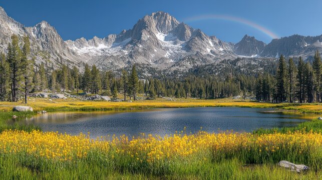Mountain lake, wildflowers, rainbow, California, scenic travel poster