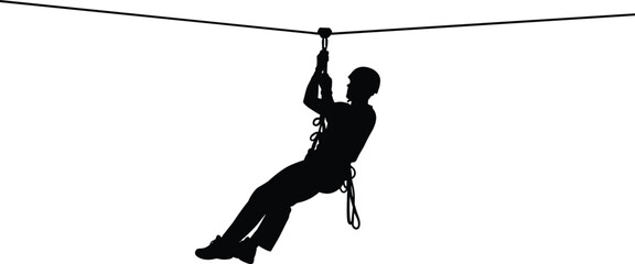 Silhouette of a person on a zipline adventure activity, enjoying extreme sport and outdoor thrill, wearing helmet and harness while sliding on a cable, vector graphic illustration icon. © SreeShoyagini