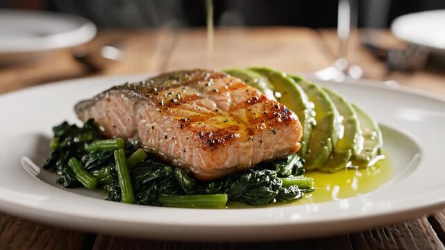 Cooked salmon fillet served on spinach with sliced avocado and dressing