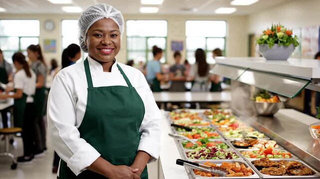 Culinary professional serving vibrant dishes in a busy cafeteria with happy customers and a cheerful ambiance