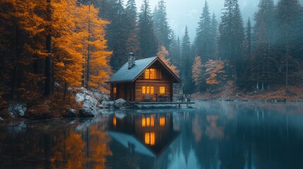 Fototapeta premium Autumn cabin lake mist reflection, peaceful forest escape