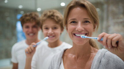 A close-up view of a family brushing their teeth together in front of a large mirror, smiling reflections emphasizing teamwork and the fun of daily dental routines