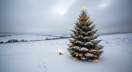 Lonely Christmas tree standing in a vast snowy field under a soft gray winter sky, lightly dusted with snow and glowing with gentle golden lights beside a single lantern in the peaceful frozen landsca