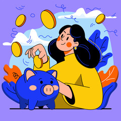 Joyful woman puts coins into a piggy bank surrounded by colorful flying coins