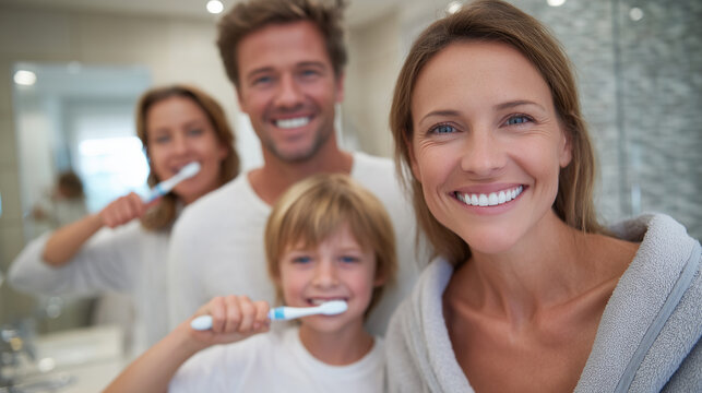 A close-up view of a family brushing their teeth together in front of a large mirror, smiling reflections emphasizing teamwork and the fun of daily dental routines - Powered by Adobe