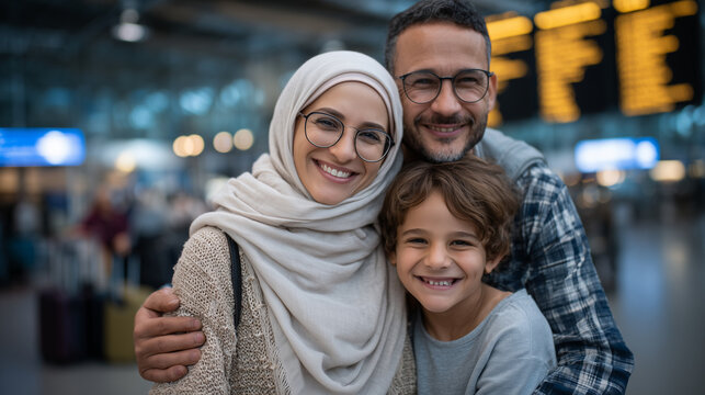 Against the backdrop of busy airport arrival gates, a family embraces tightly, smiling faces filled with joy and relief as they reunite after a long journey, suitcases and luggage - Powered by Adobe
