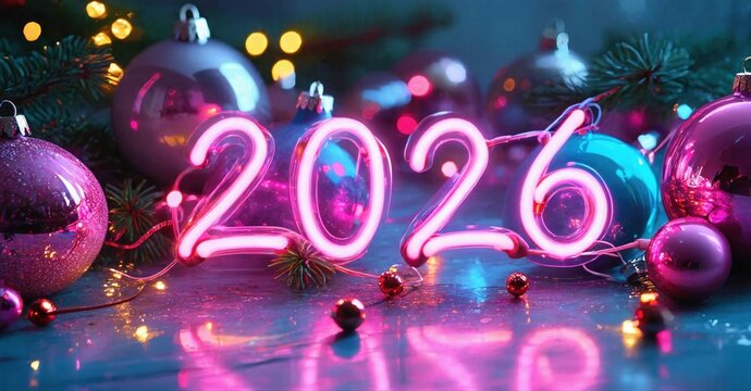 Festive scene shows bright neon 2026 surrounded by colorful ornaments, lights. Celebratory mood, new year vibes present.