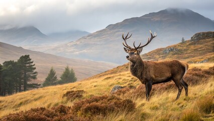 Fototapeta premium Majestic stag standing proudly on a hillside in the Scottish Highlands on a misty morning with mountains in the background creating a serene scene