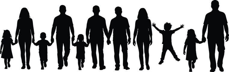 Silhouette family walking together with parents and children holding hands, unity and bonding illustration symbolizing love, connection, lifestyle and community values