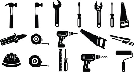 Obraz premium A collection of black silhouette icons representing various construction and repair tools, including hammers, wrenches, drills, and saws
