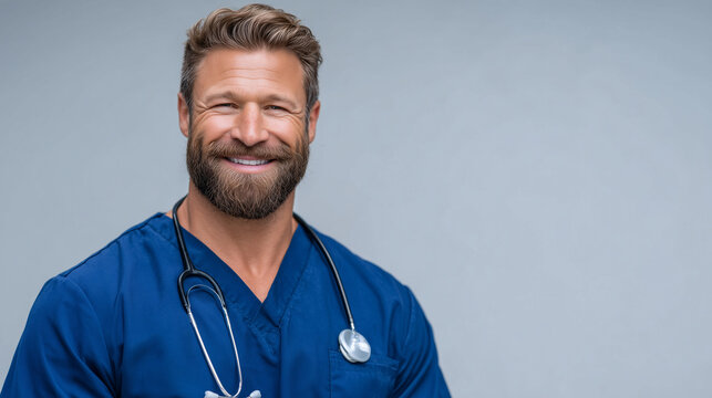 Portrait of a cheerful male doctor in scrubs with stethoscope, light gray background, professional and kind demeanor