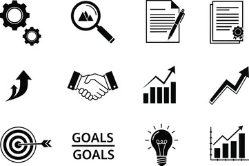 Fototapeta premium Collection of black and business, finance, and strategy icons including gears, magnifying glass, documents, handshake, growth chart, target, and lightbulb