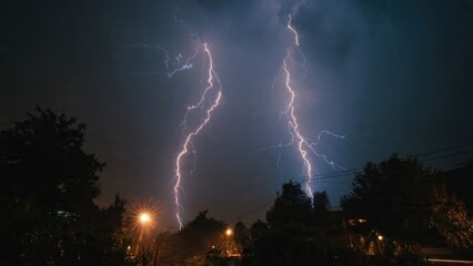 Dramatic Nighttime Thunderstorm with Striking Lightning Bolts Over a Quiet Town Captured in Stunning Photography