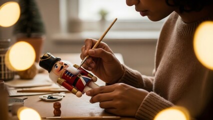 Woman artist painting decorative wooden nutcracker. Festive Christmas tradition of crafting holiday decoration for home display or gift.