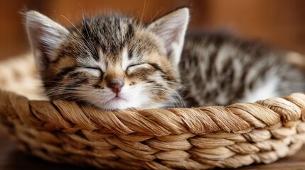 Adorable sleeping kitten resting peacefully in a cozy woven basket with warm wooden background highlighting its soft fur and sweet expression