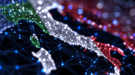 Italian flag immersed in radiant neon lines, holographic network overlays, luminous grids creating a digital abstract environment for a futuristic concept