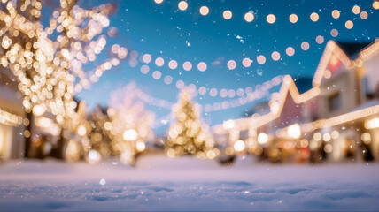 雪が降る冬の夜にクリスマスのイルミネーションが輝く美しい街並みのボケた背景