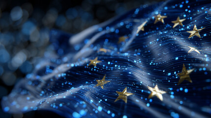European Union flag with neon stars connected by luminous lines and digital particles, holographic effect creating a 3D futuristic tech wallpaper
