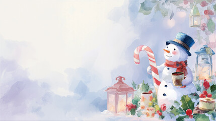 キャンディケインを持ちランタンのそばに立つかわいい雪だるまの水彩画風クリスマスイラスト背景