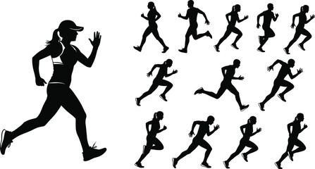 Silhouette runners in motion, athletic men and women sprinting and jogging, fitness training poses collection, exercise movement set for sports design