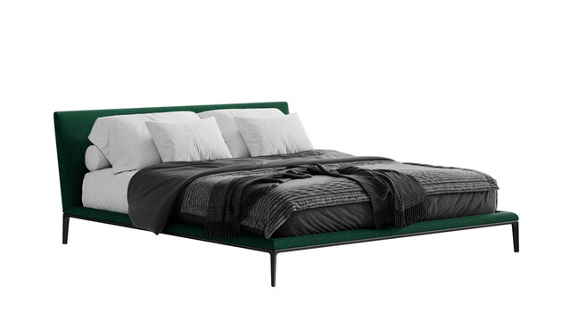 Modern double bed with bedding on an isolated background.
