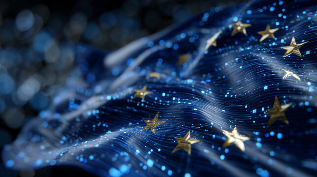European Union flag with neon stars connected by luminous lines and digital particles, holographic effect creating a 3D futuristic tech wallpaper - Powered by Adobe
