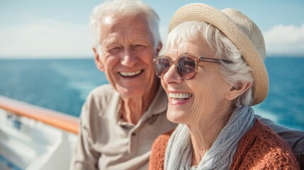 An elderly couple sits on a boat smiling happily as they enjoy a sunny day at sea. The clear blue water shimmer around them creating a joyful atmosphere.