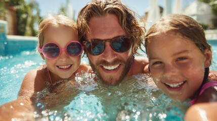 Two young girls wearing sunglasses smile widely as they enjoy the water with their father. The bright sun shines down on their joyful faces during a fun day at the pool.