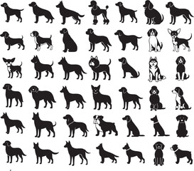 Silhouette illustration set of multiple dog breeds in various poses and body types, concept of canine diversity and pet identification