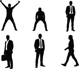 Silhouettes of businessmen in various poses, standing, walking and holding briefcases, professional male character illustration for corporate, office and business concepts