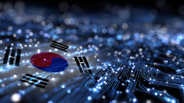 Flag of South Korea combined with neon circuitry and glowing holographic elements, digital particles forming a futuristic networked tech backdrop