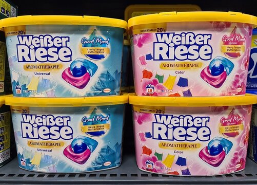Kiel, Germany - 24. November 2025: WeiBer Riese laundry detergent pods on supermarket shelf