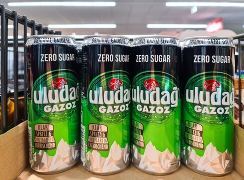 Kiel, Germany - 24. November 2025: Uludag Gazoz zero sugar soda cans on supermarket shelf