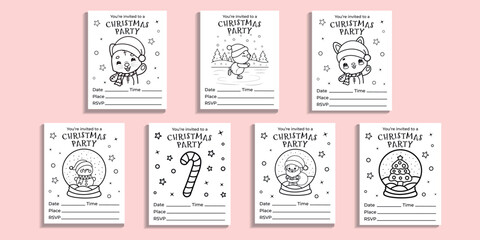 A large set of Christmas invitations, cute vector New Year coloring pages