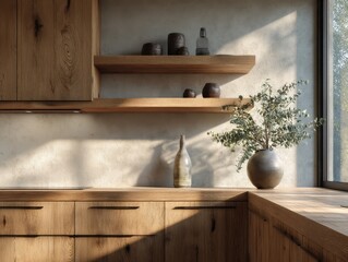 A kitchen with a wooden counter and shelves. A vase with a plant on the counter