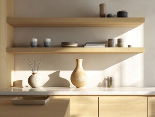A wooden kitchen countertop with a white bowl and a brown vase placed on it. The vase is tall and has a unique shape, while the bowl is smaller and has a simple design. The countertop is clean