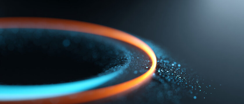 Abstract glowing circular rings with blue and orange neon light surrounded by scattered particles on dark background