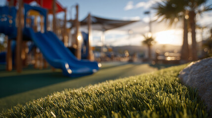 Perspective from ground level showing artificial turf leading to bright slides and climbing equipment, warm sunlight illuminating the cheerful playground atmosphere