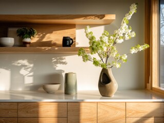 A vase with a flower in it sits on a counter. A bowl is also on the counter
