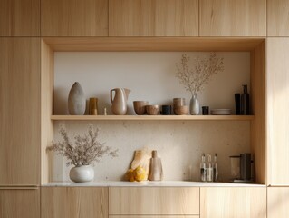 A wooden shelf with a vase and a bowl on it. There are also some other items on the shelf