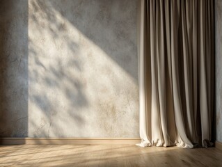 A room with a tan wall and a tan curtain. The room is empty