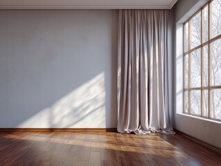 A large room with a window and a curtain. The curtain is white and the window is open