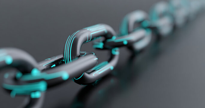 Close-up of a futuristic metallic chain with glowing blue circuit-like patterns on a dark reflective surface, symbolizing technology and connectivity