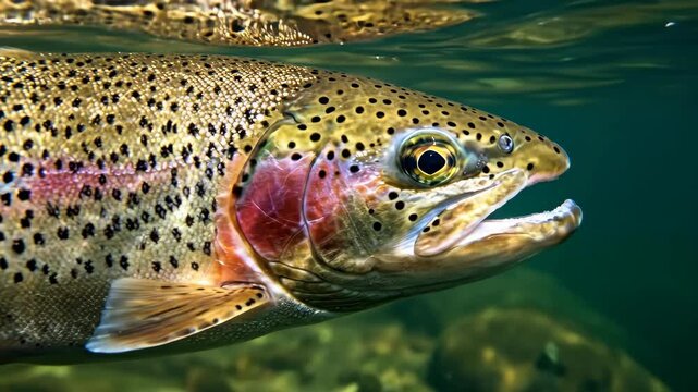 Close up of a trout fish underwater near the surface showing reflections on the water, fishing and nature concept.