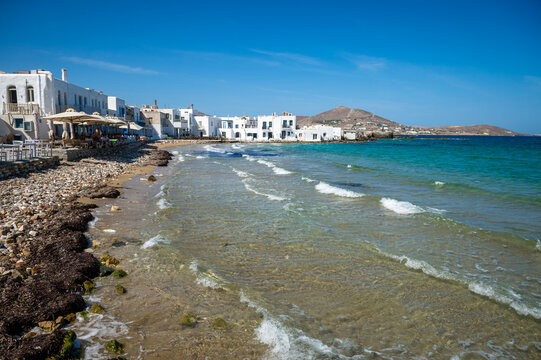 Beach in the centre of charming sugar cube village of Naoussa on the greek island of Paros