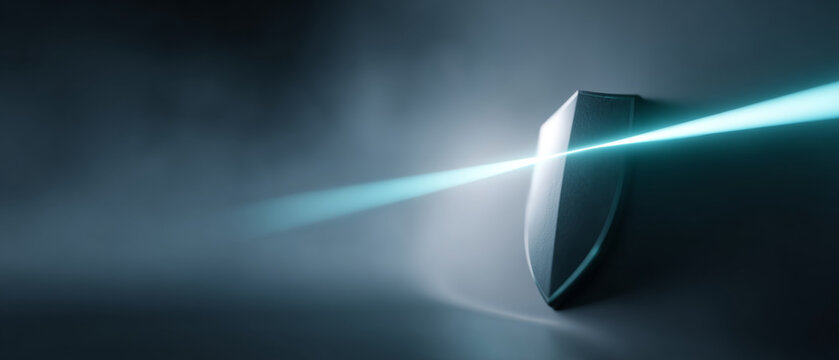Metallic shield blocking a bright blue laser beam in a dark smoky environment symbolizing protection and security