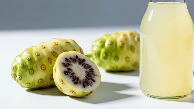 Fresh noni juice and fruits display highlighting vibrant colors and texture in soft light