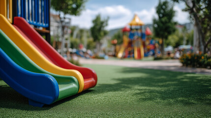 Close-up of a multicolored slide with children playing, artificial turf glowing under sunlight, warm and safe atmosphere in a cheerful park